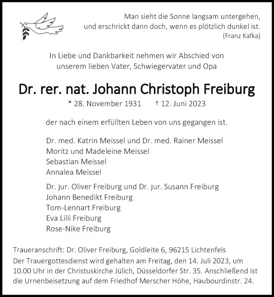 Traueranzeige von Johann Christoph Freiburg von Zeitung am Sonntag