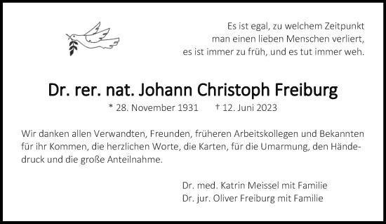 Traueranzeige von Johann Christoph Freiburg von Aachener Zeitung