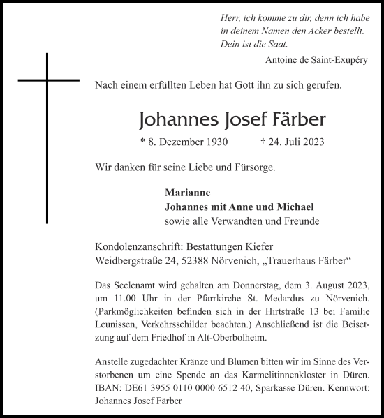 Traueranzeige von Johannes Josef Färber von Aachener Zeitung