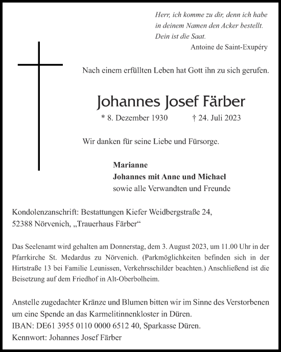 Traueranzeige von Johannes Josef Färber von Zeitung am Sonntag
