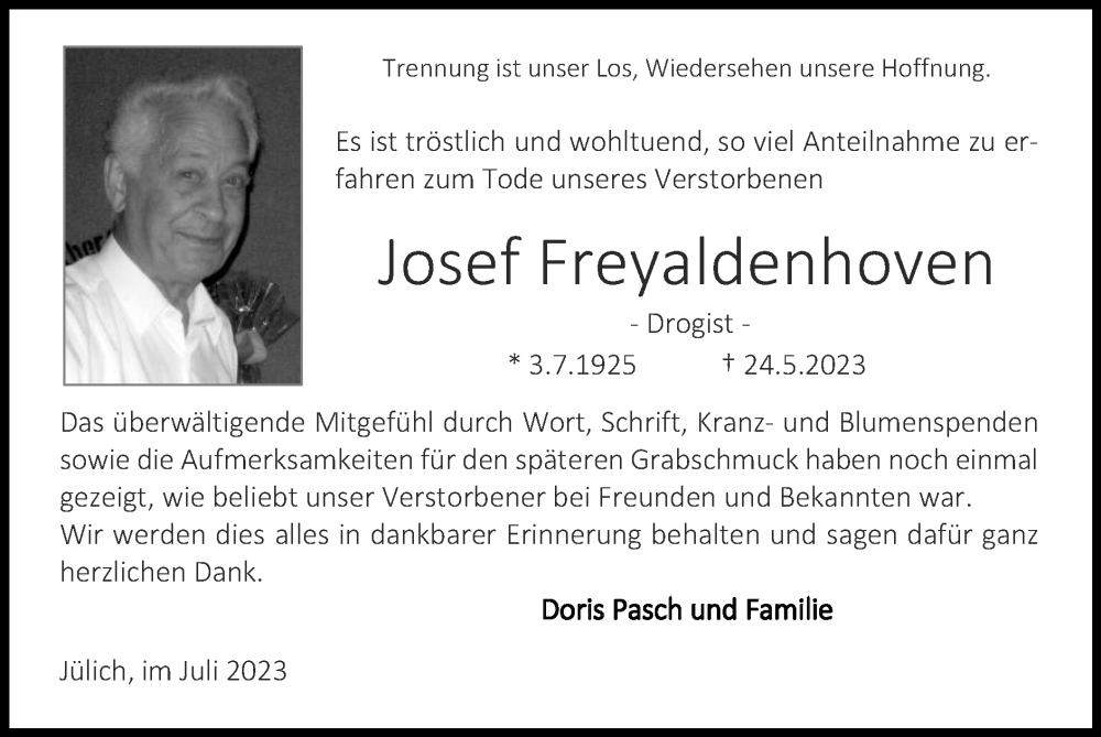  Traueranzeige für Josef Freyaldenhoven vom 02.07.2023 aus Zeitung am Sonntag