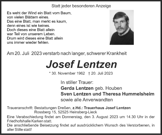 Traueranzeige von Josef Lentzen von Zeitung am Sonntag