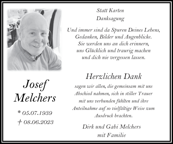 Traueranzeige von Josef Melchers von Zeitung am Sonntag