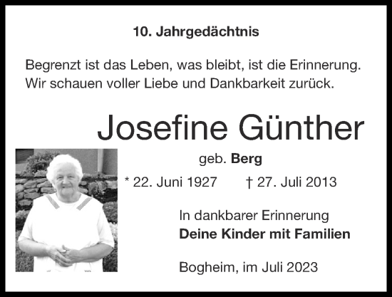 Traueranzeige von Josefine Günther von Zeitung am Sonntag