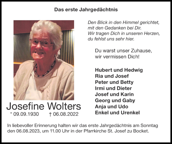 Traueranzeige von Josefine Wolters von Zeitung am Sonntag
