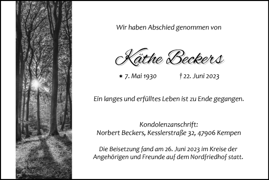 Traueranzeige von Käthe Beckers von Zeitung am Sonntag