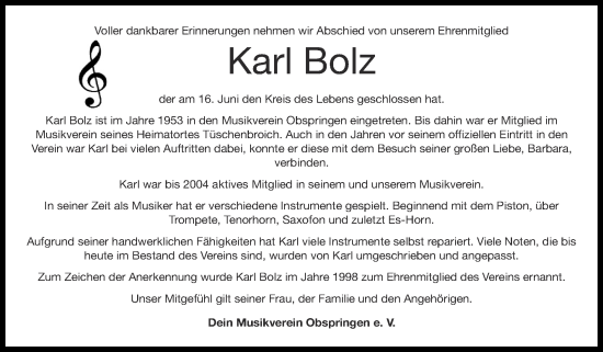 Traueranzeige von Karl Bolz von Zeitung am Sonntag