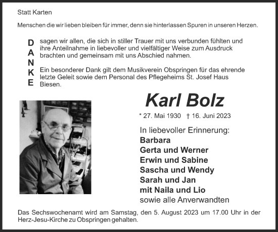 Traueranzeige von Karl Bolz von Zeitung am Sonntag