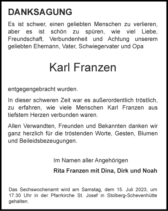 Traueranzeige von Karl Franzen von Zeitung am Sonntag