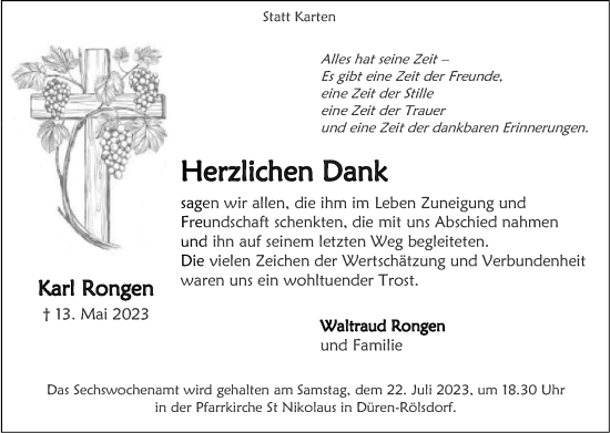 Traueranzeige von Karl Rongen von Zeitung am Sonntag