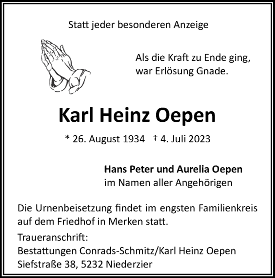 Traueranzeige von Karl Heinz Oepen von Zeitung am Sonntag