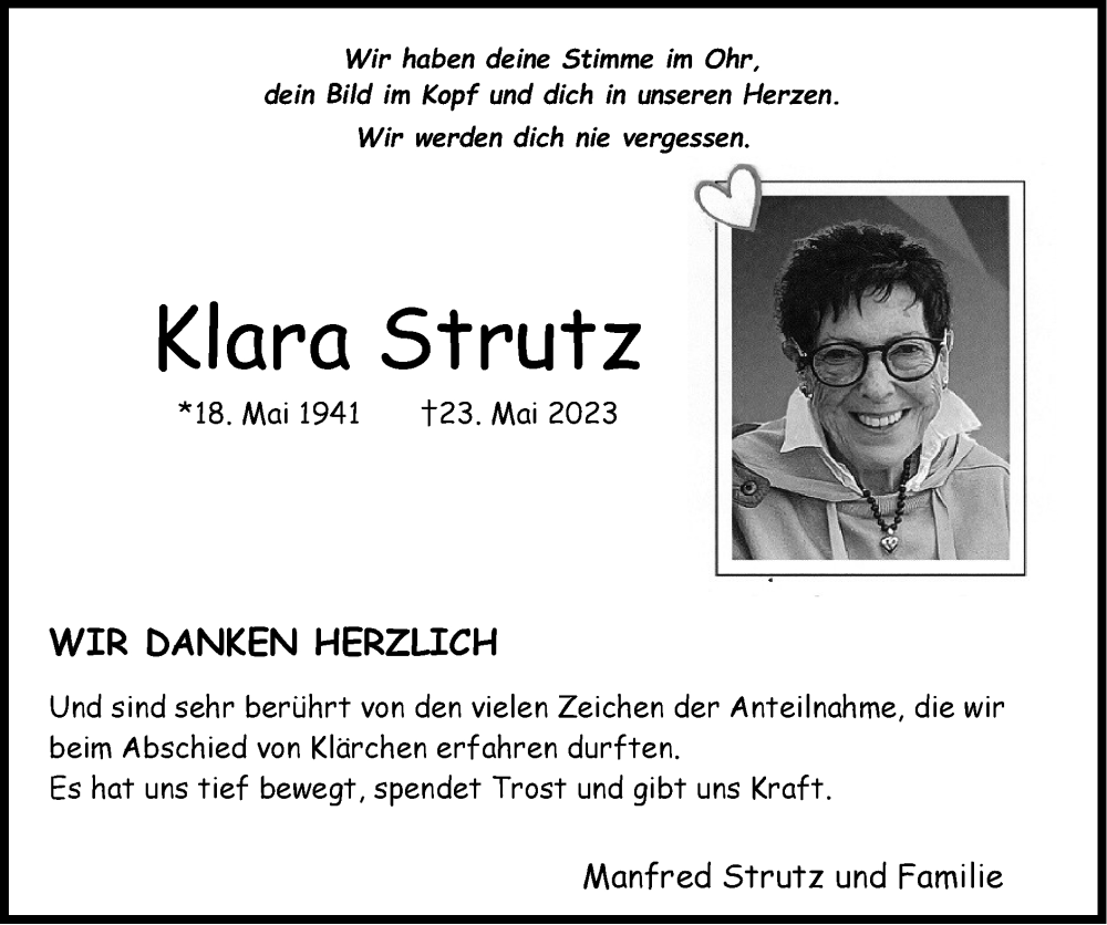  Traueranzeige für Klara Strutz vom 23.07.2023 aus Zeitung am Sonntag