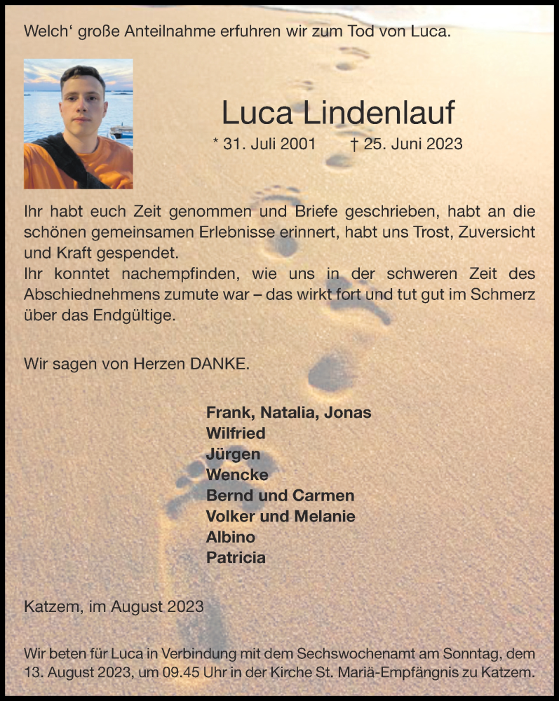  Traueranzeige für Luca Lindenlauf vom 30.07.2023 aus Zeitung am Sonntag