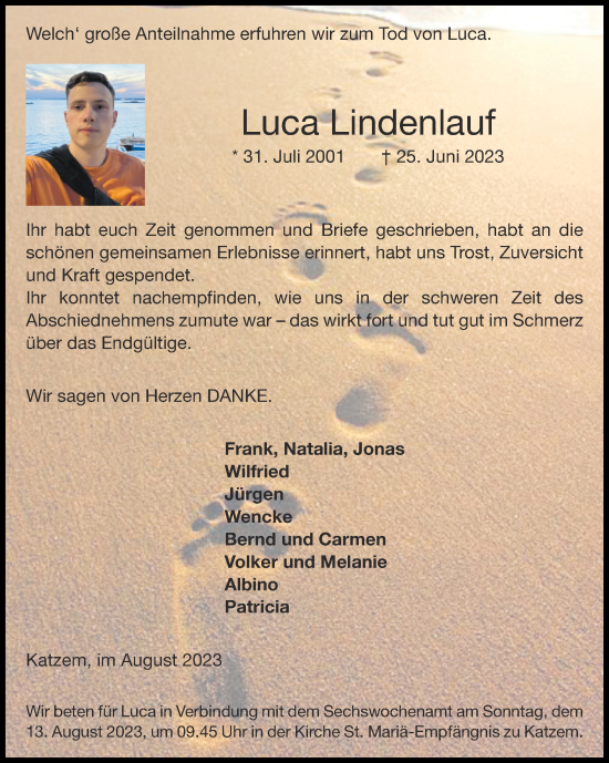 Traueranzeige von Luca Lindenlauf von Zeitung am Sonntag