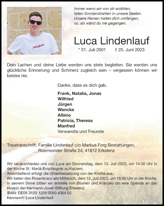 Traueranzeige von Luca Lindenlauf von Zeitung am Sonntag