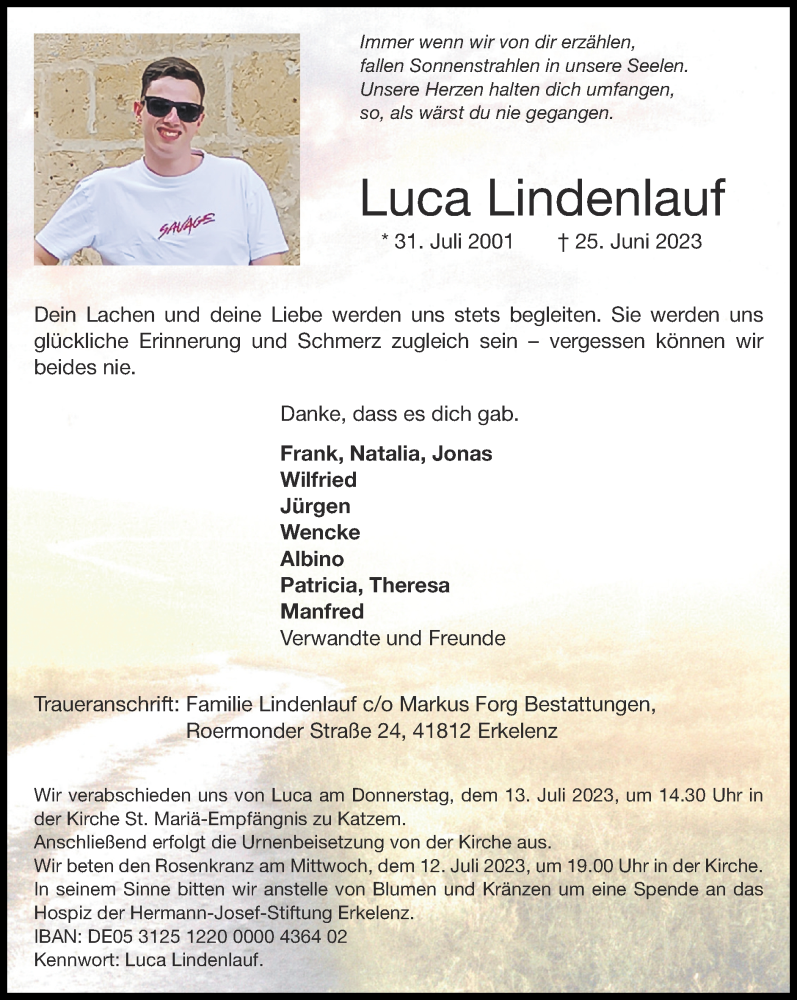  Traueranzeige für Luca Lindenlauf vom 02.07.2023 aus Zeitung am Sonntag