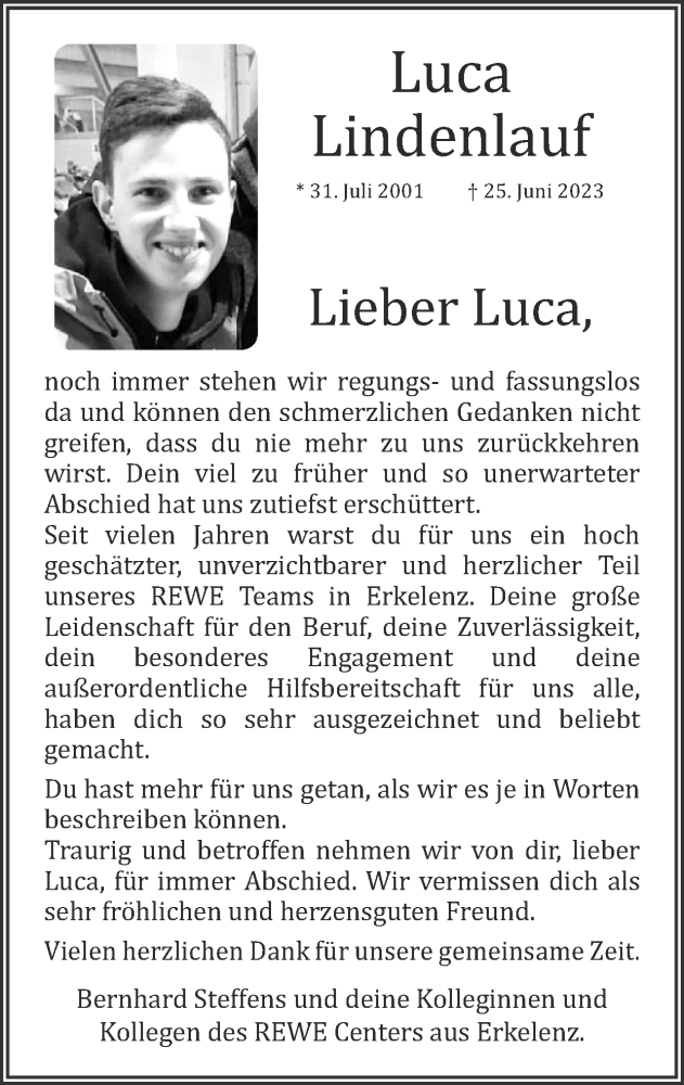  Traueranzeige für Luca Lindenlauf vom 09.07.2023 aus Zeitung am Sonntag