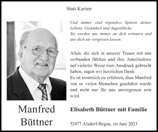 Traueranzeige von Manfred Büttner von Zeitung am Sonntag