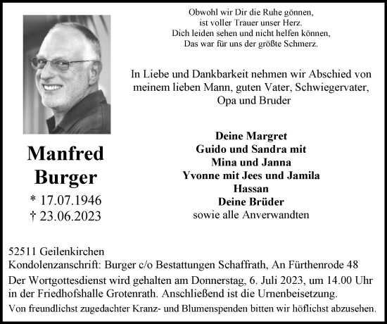 Traueranzeige von Manfred Burger von Zeitung am Sonntag