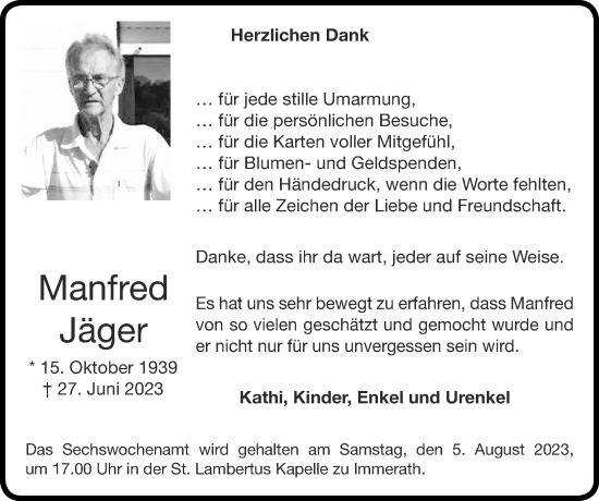 Traueranzeige von Manfred Jäger von Zeitung am Sonntag