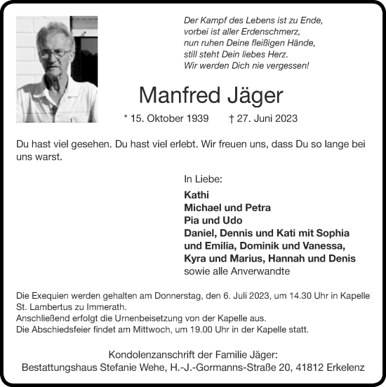 Traueranzeige von Manfred Jäger von Zeitung am Sonntag