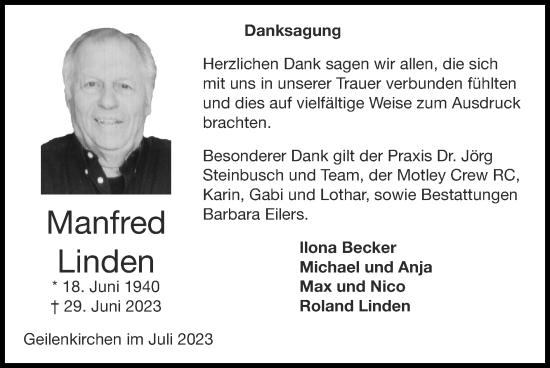 Traueranzeige von Manfred Linden von Zeitung am Sonntag