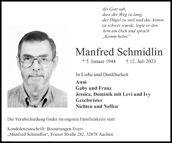 Traueranzeige von Manfred Schmidlin von Zeitung am Sonntag