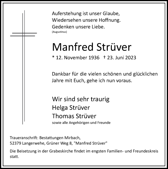 Traueranzeige von Manfred Strüver von Zeitung am Sonntag