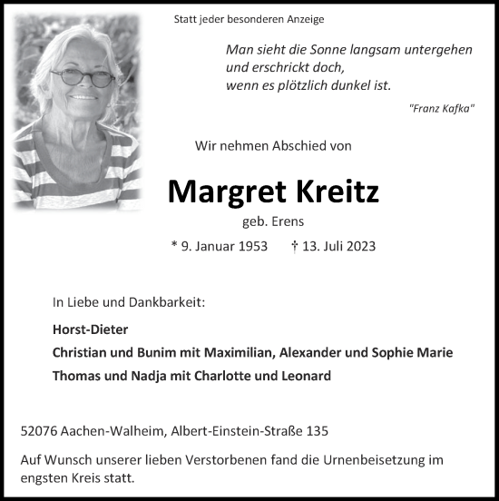 Traueranzeige von Margret Kreitz von Zeitung am Sonntag