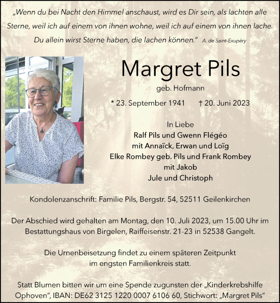 Traueranzeige von Margret Pils von Zeitung am Sonntag