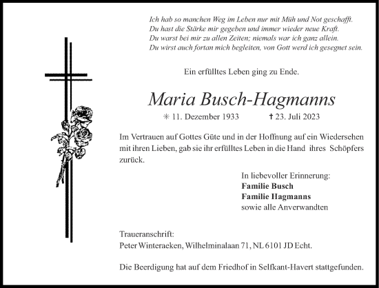Traueranzeige von Maria Busch-Hagmanns von Zeitung am Sonntag