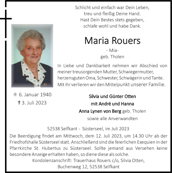 Traueranzeige von Maria Rouers von Zeitung am Sonntag