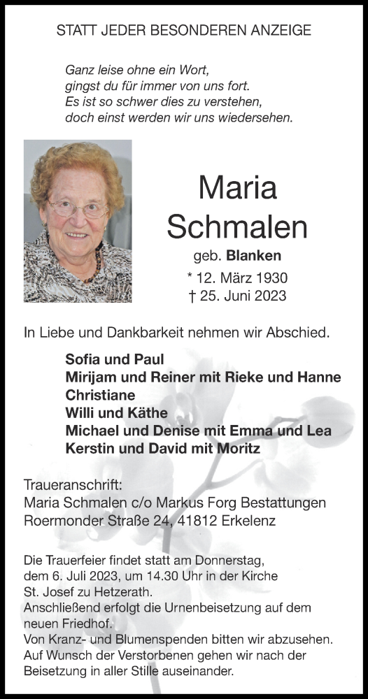 Traueranzeige von Maria Schmalen von Zeitung am Sonntag