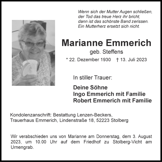 Traueranzeige von Marianne Emmerich von Zeitung am Sonntag