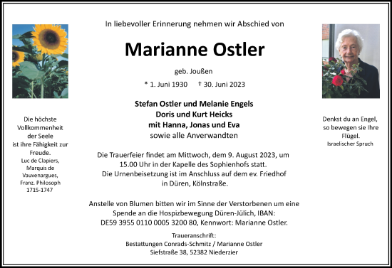 Traueranzeige von Marianne Ostler von Zeitung am Sonntag