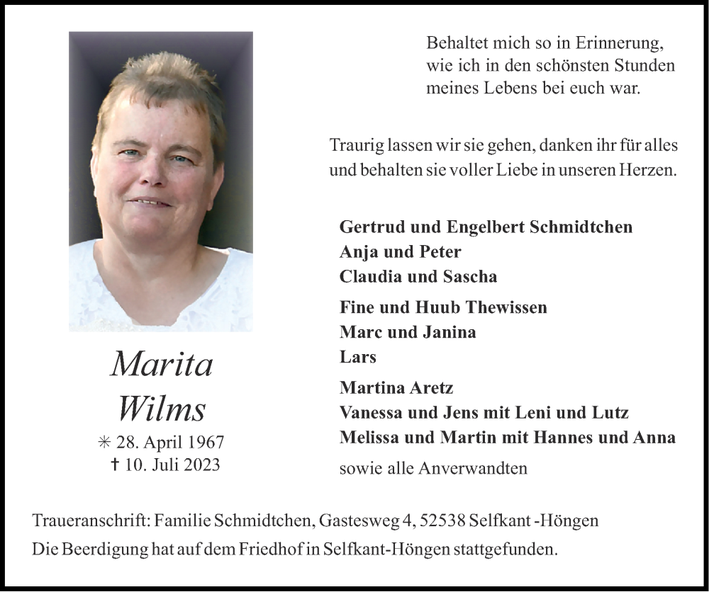  Traueranzeige für Marita Wilms vom 16.07.2023 aus Zeitung am Sonntag