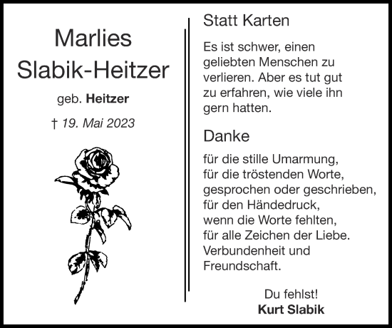 Traueranzeige von Marlies Slabik-Heitzer von Zeitung am Sonntag