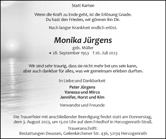 Traueranzeige von Monika Jürgens von Zeitung am Sonntag