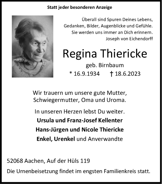 Traueranzeige von Regina Thiericke von Zeitung am Sonntag