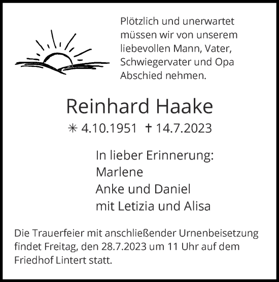 Traueranzeige von Reinhard Haake von Zeitung am Sonntag