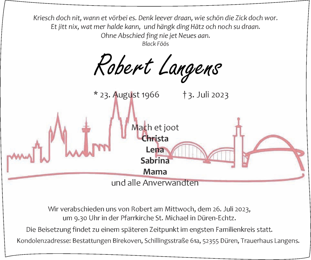  Traueranzeige für Robert Langens vom 16.07.2023 aus Zeitung am Sonntag