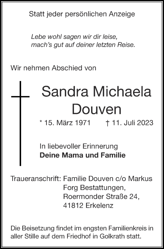 Traueranzeige von Sandra Michaela Douven von Zeitung am Sonntag