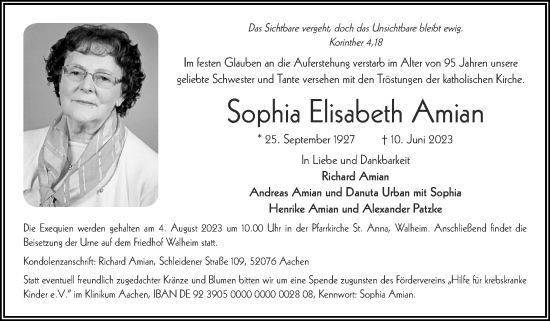 Traueranzeige von Sophia Elisabeth Amian von Zeitung am Sonntag