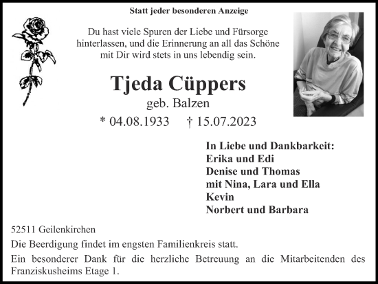 Traueranzeige von Tjeda Cüppers von Zeitung am Sonntag