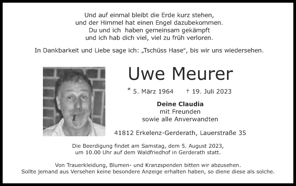  Traueranzeige für Uwe Meurer vom 30.07.2023 aus Zeitung am Sonntag