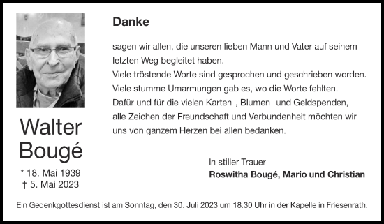 Traueranzeige von Walter Bouge von Zeitung am Sonntag