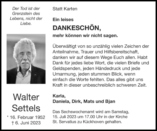 Traueranzeige von Walter Settels von Zeitung am Sonntag