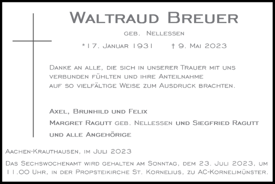 Traueranzeige von Waltraud Breuer von Zeitung am Sonntag