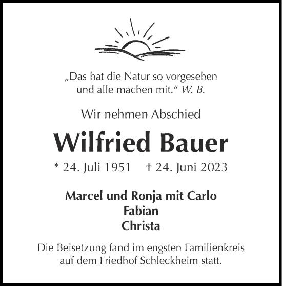 Traueranzeige von Wilfried Bauer von Zeitung am Sonntag