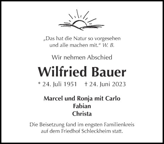 Traueranzeige von Wilfried Bauer von Aachener Zeitung